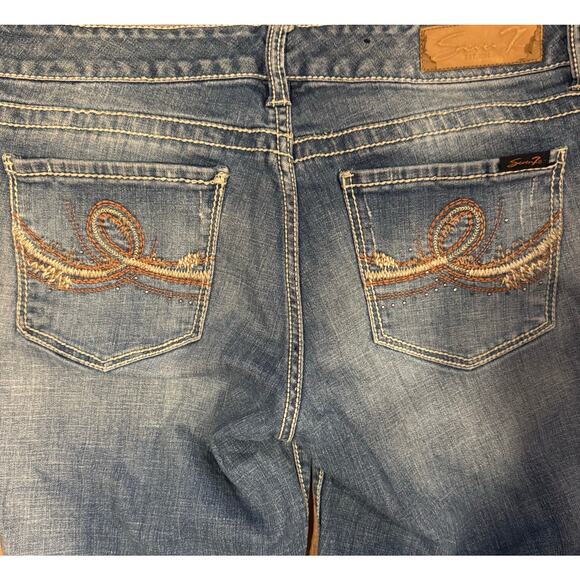 Seven7 Jeans Women’s Size 12 Bootcut Blue Denim Embroidered Pockets Distressed - Picture 4 of 10